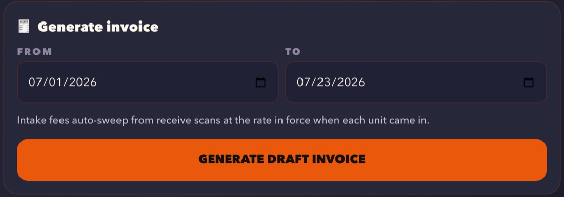 DOS billing: a from and to date and a Generate draft invoice button, with the note that intake fees sweep in from receive scans at the rate in force when each unit came in.