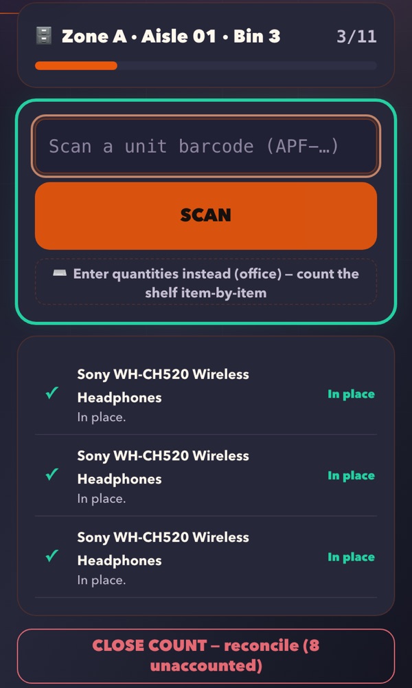 DOS cycle count for one bin: a scan field, units marked In place, and a Close count button that shows how many units are unaccounted for.