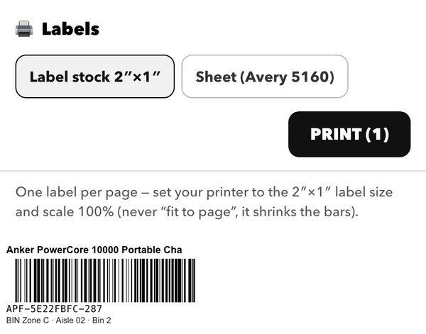 DOS label print screen: a choice of 2 by 1 inch label stock or an Avery sheet, a Print button, and a barcode label with the unit code and its bin.
