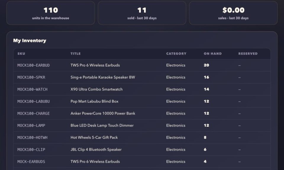 The DOS client portal: units in the warehouse, units sold and sales for the last 30 days, and an inventory table with SKU, title, category, on hand and reserved.