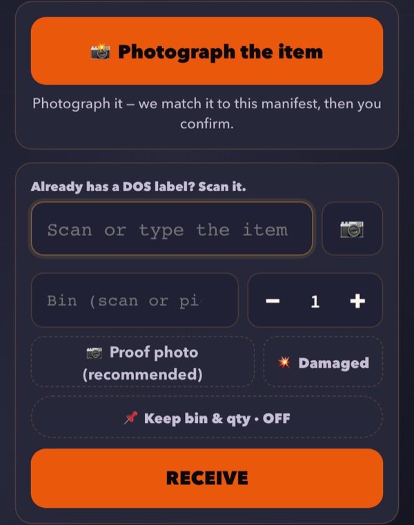 DOS receive screen: a Photograph the item button, a scan field, bin, quantity, proof photo and damaged options, and a Receive button.