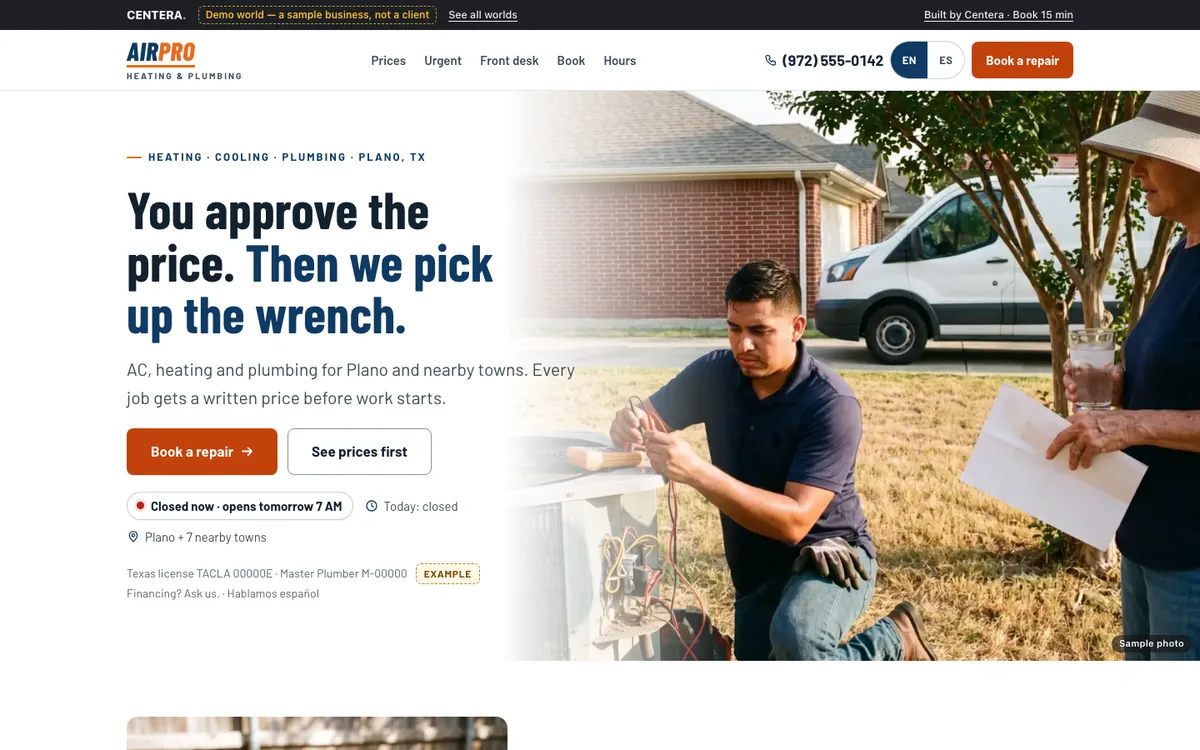 AirPro Heating & Plumbing, a made-up demo shop: its website on a computer