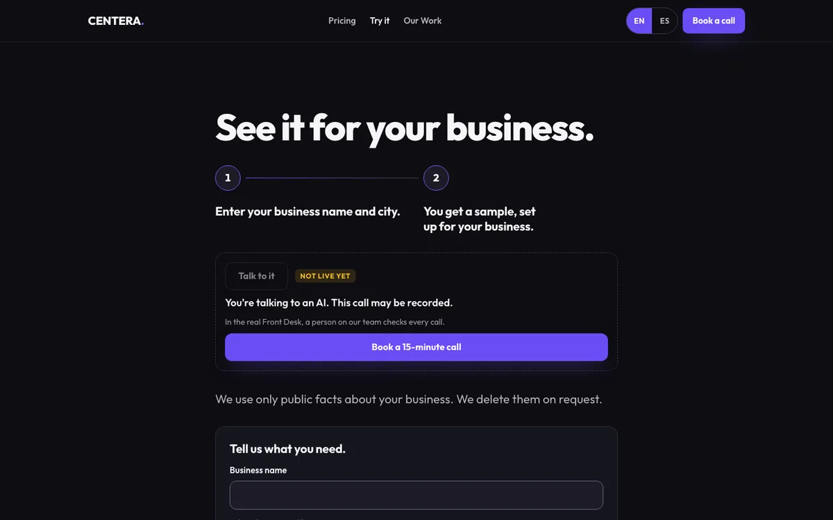 Centera's demo page, where you enter your business name and city