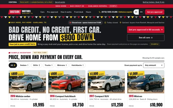 Website of Eastside Motors, a made-up used-car dealer, shown as a demo shop