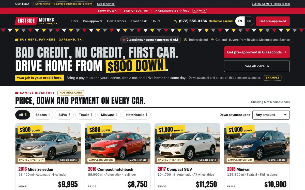 Eastside Motors, a made-up demo shop: its website on a computer