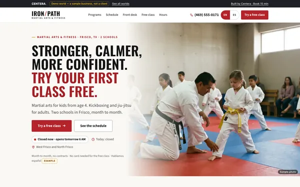 Website of IronPath Martial Arts & Fitness, a made-up martial arts and fitness studio, shown as a demo shop