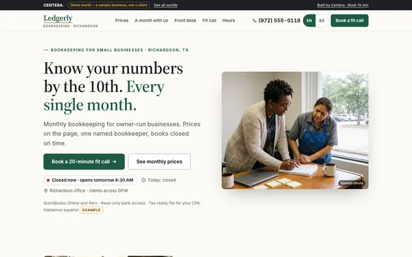 Website of Ledgerly Bookkeeping, a made-up bookkeeping firm, shown as a demo shop