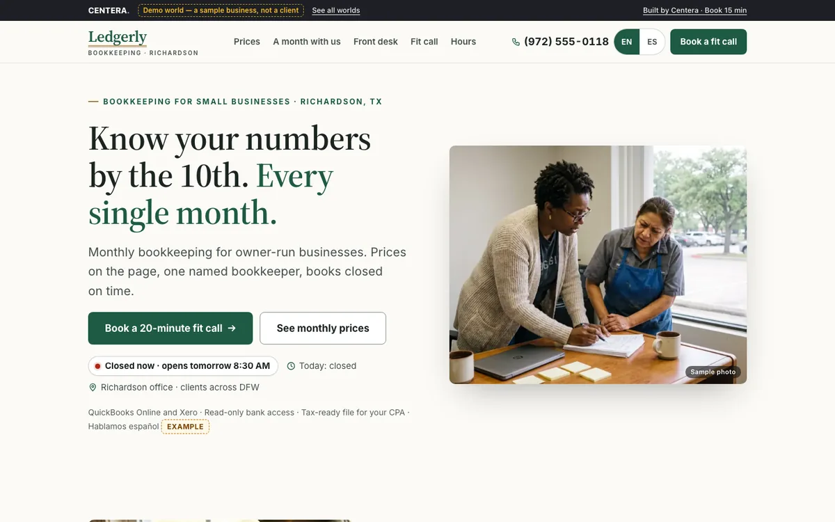 Ledgerly Bookkeeping, a made-up demo shop: its website on a computer