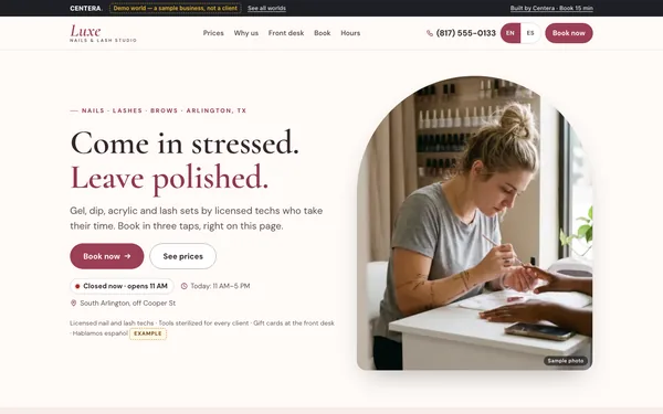 Website of Luxe Nails & Lash Studio, a made-up nail and lash studio, shown as a demo shop