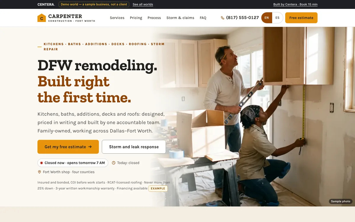 Carpenter Construction, a made-up demo shop: its website on a computer