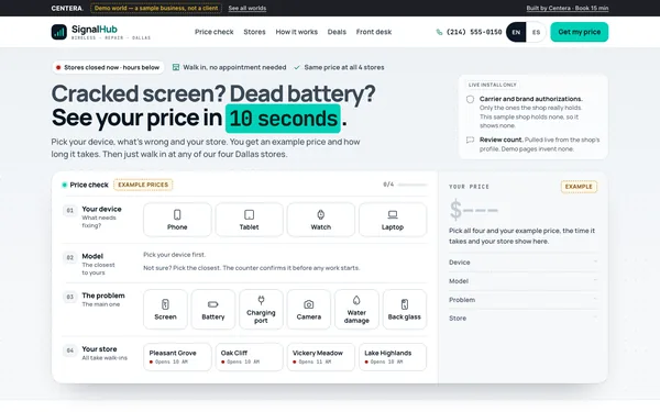 Website of SignalHub Wireless, a made-up wireless and phone repair store, shown as a demo shop