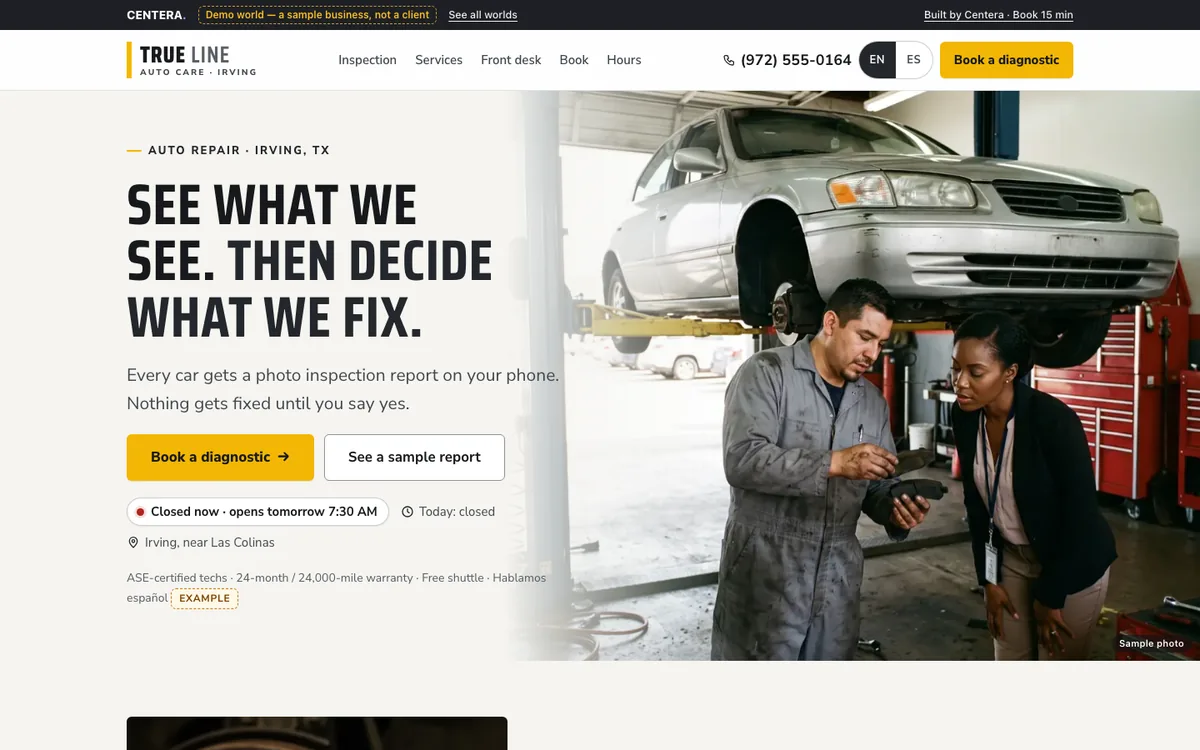 True Line Auto Care, a made-up demo shop: its website on a computer