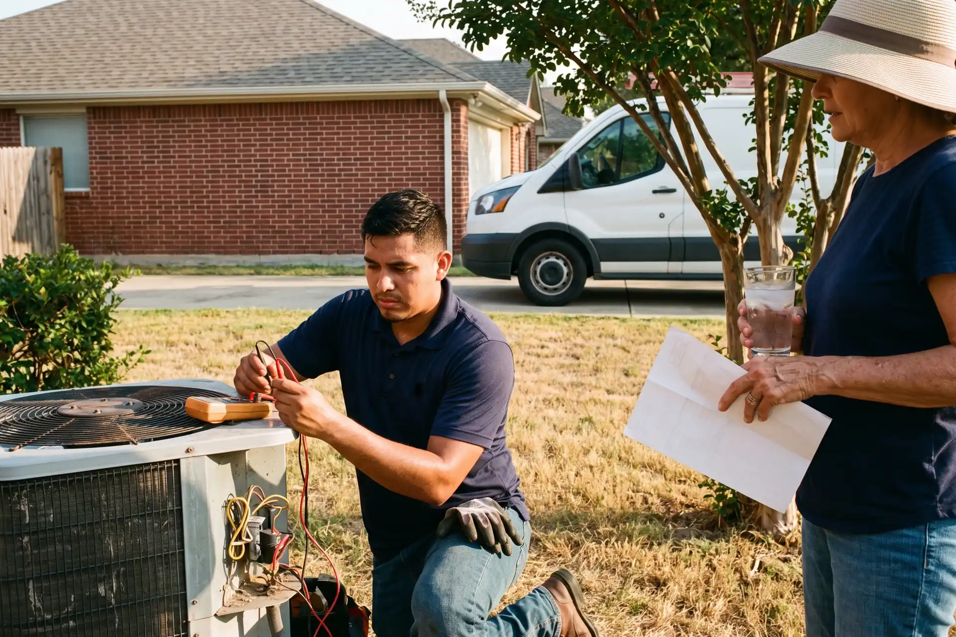 A technician checks an outdoor AC unit beside a brick house in Plano while the homeowner looks on. Sample photo with invented people.