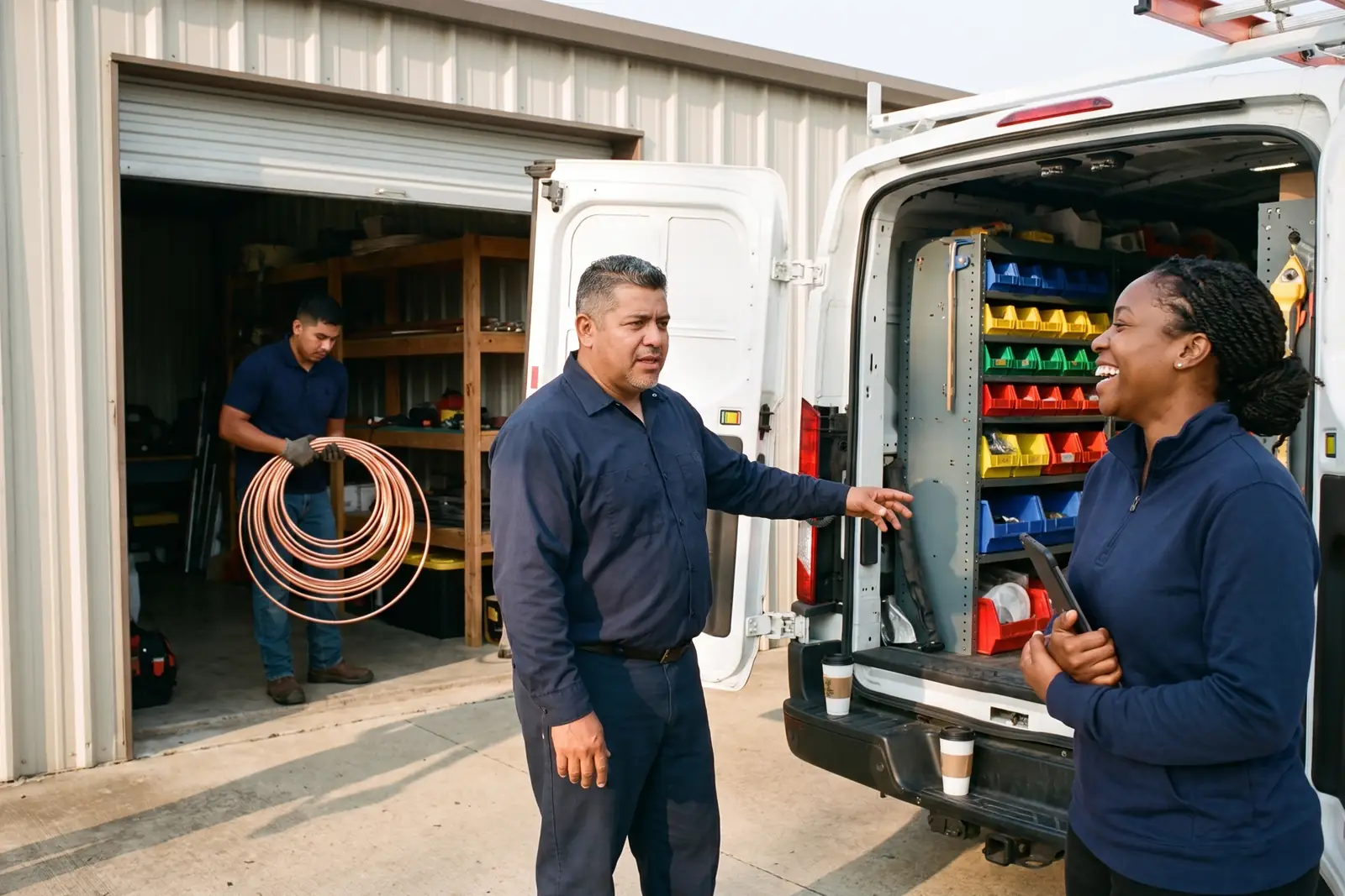 Danny, Jorge and Kiara beside a plain white service van with its back doors open in a Plano driveway. Sample photo with invented people.