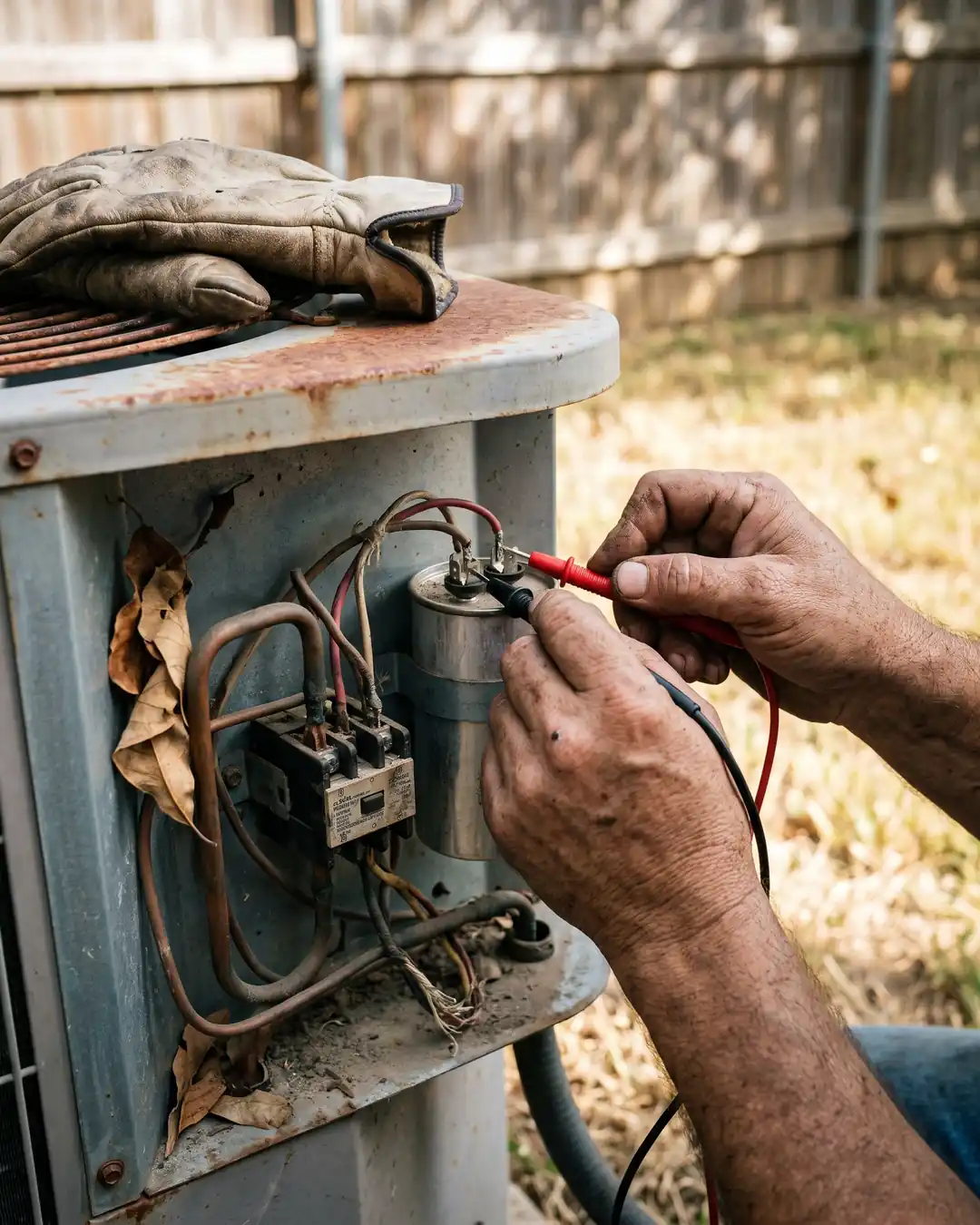 Close-up of a technician’s hands testing a capacitor inside an open AC unit. Sample photo.