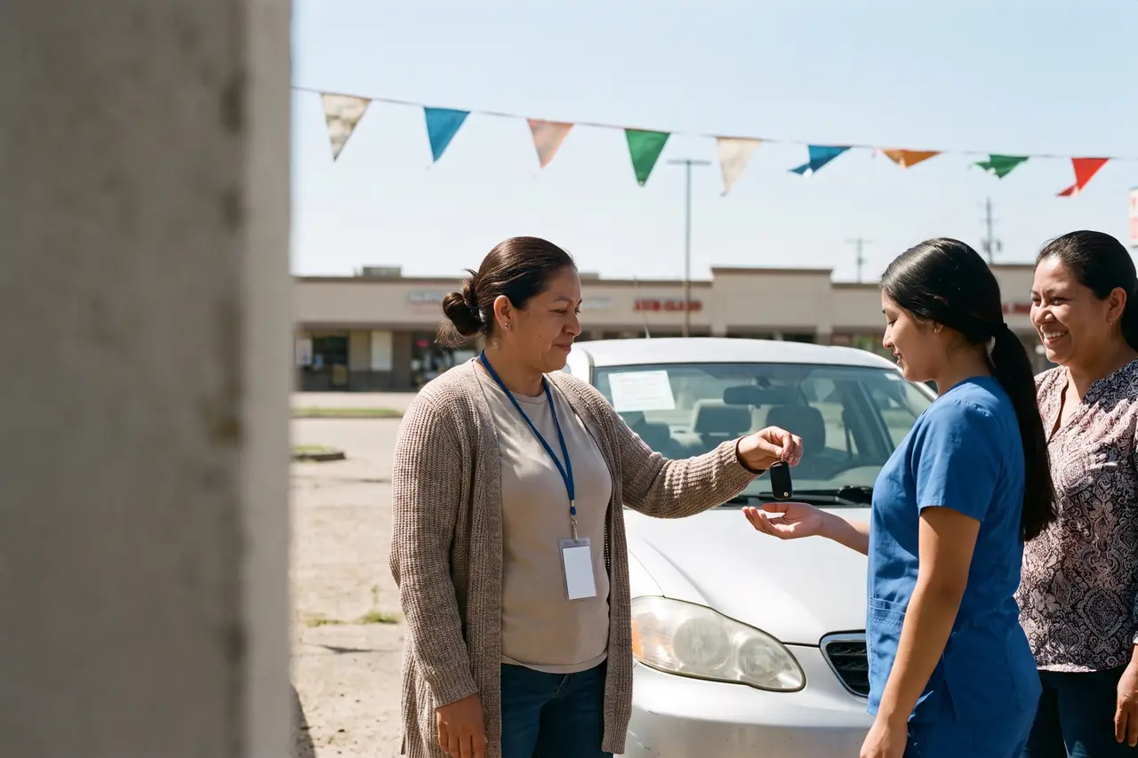 A salesperson hands car keys to a first-time buyer on a small used-car lot in Garland. Sample photo with invented people.