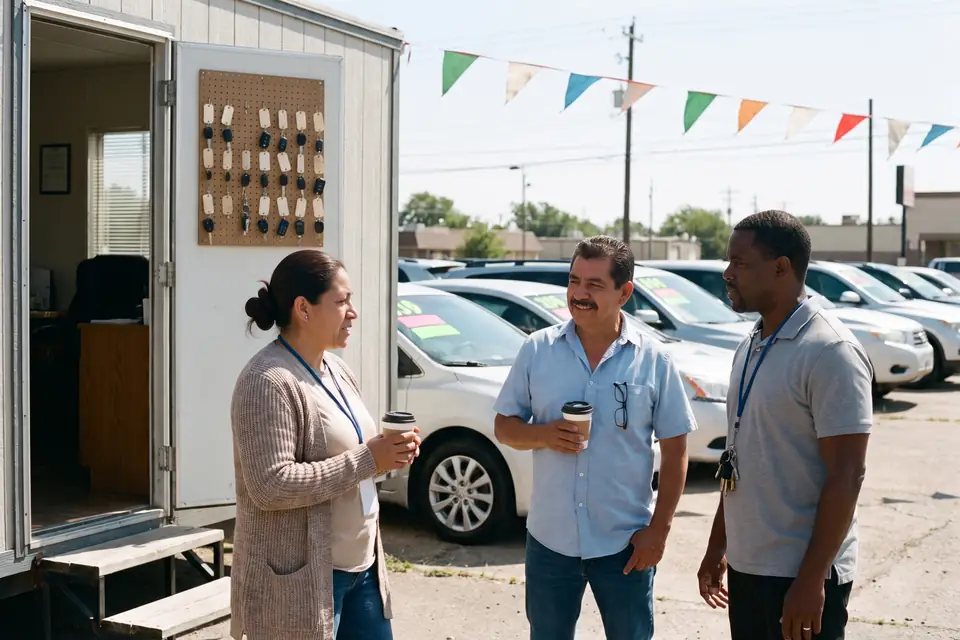 Yesenia, Rafa and Marcus outside the small sales office on the lot. Sample photo with invented people.