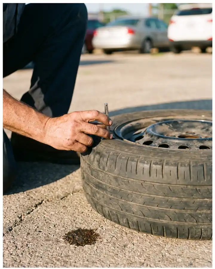 Close-up of a mechanic checking tire tread on a used sedan before it goes on the lot. Sample photo.
