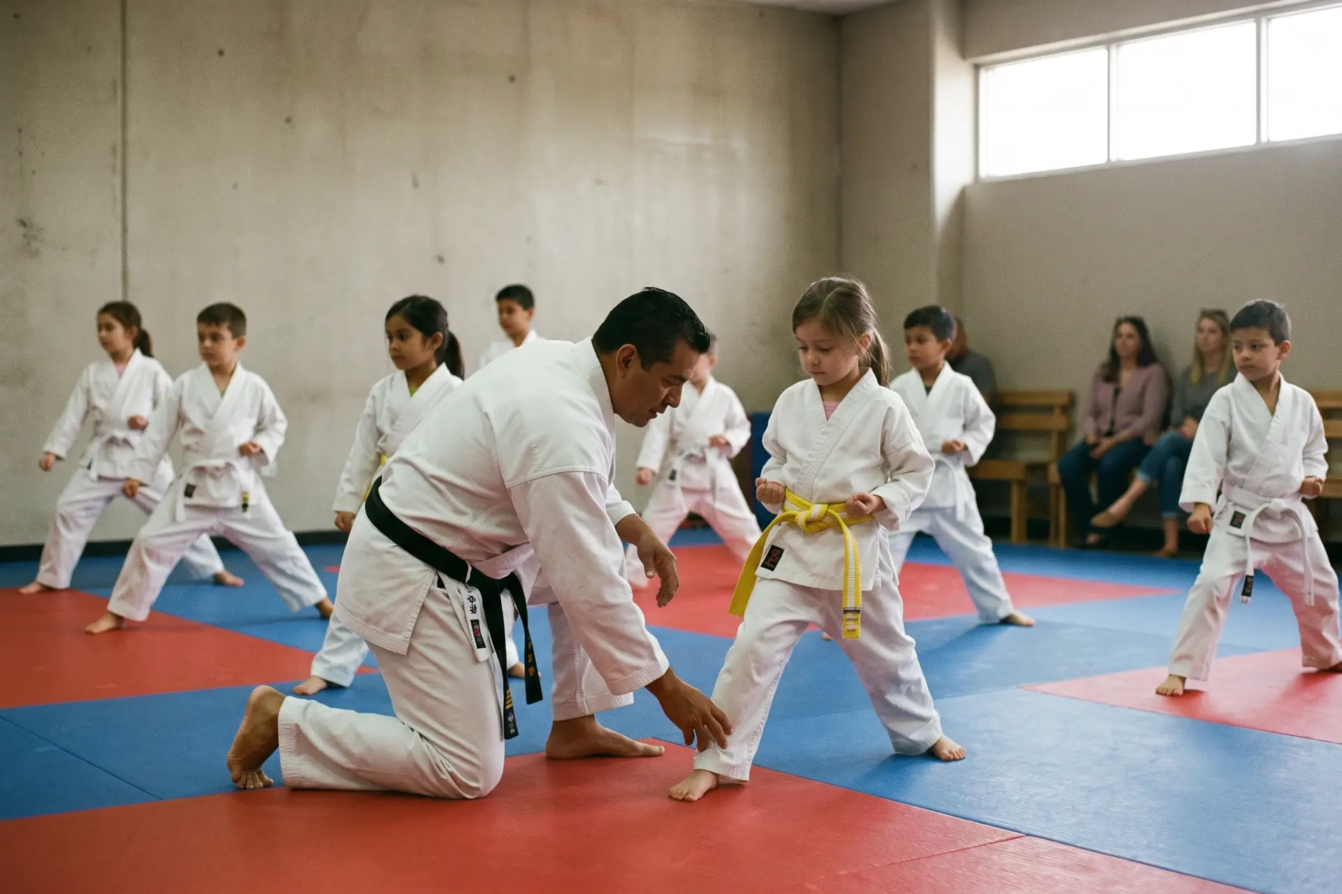 A coach kneels to fix a young student’s stance during a kids’ class on the mat in Frisco. Sample photo with invented people.