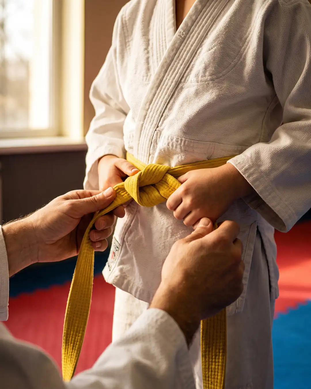 Close-up of a coach’s hands helping a child tie a yellow belt. Sample photo.