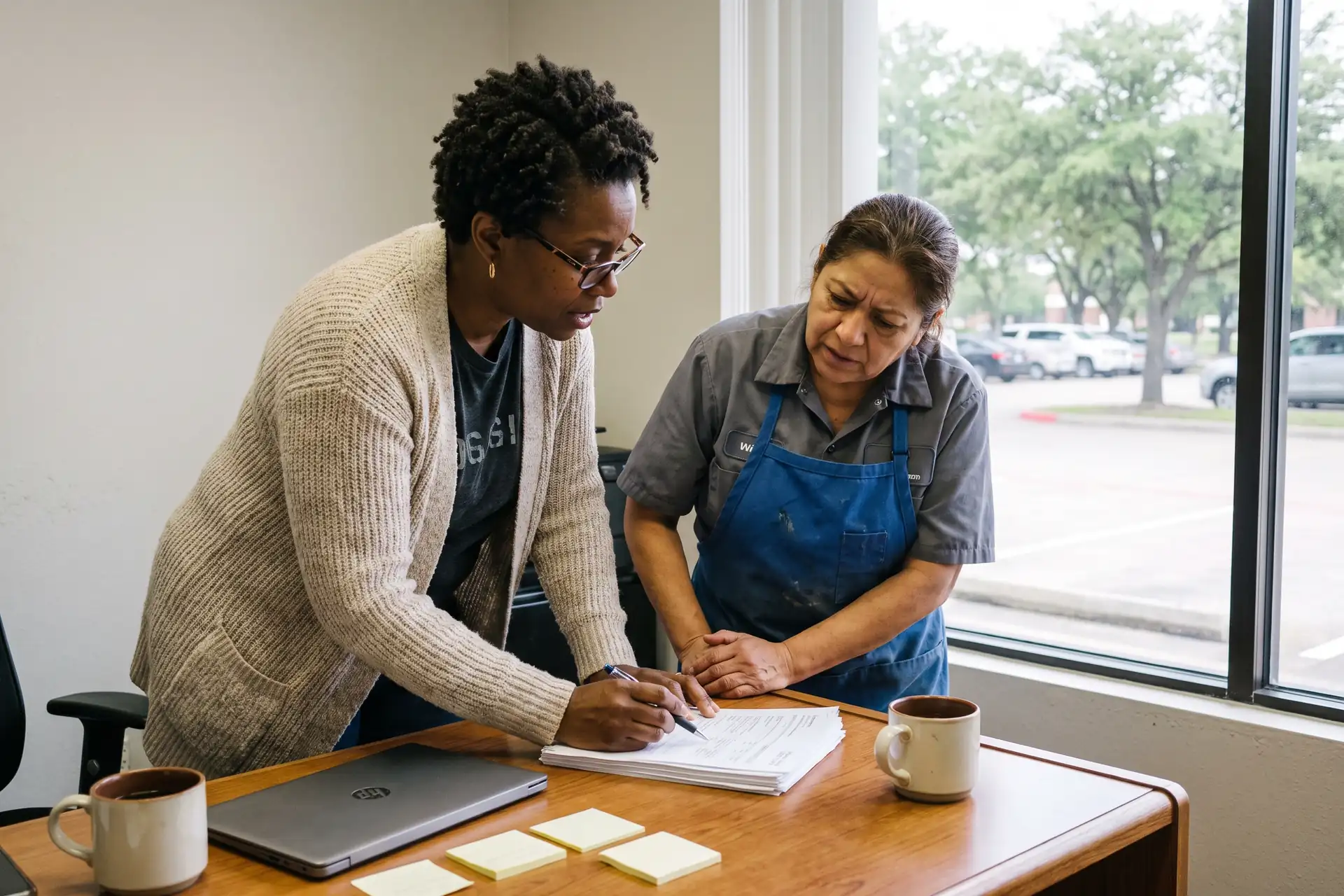 A bookkeeper walks a restaurant owner through her monthly report at a bright office desk in Richardson. Sample photo with invented people.