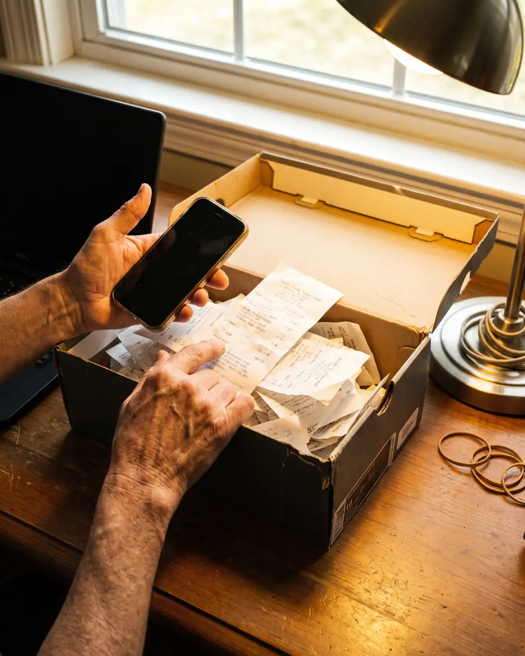 Hands sorting a shoebox of paper receipts beside a laptop while a phone snaps one of them. Sample photo.