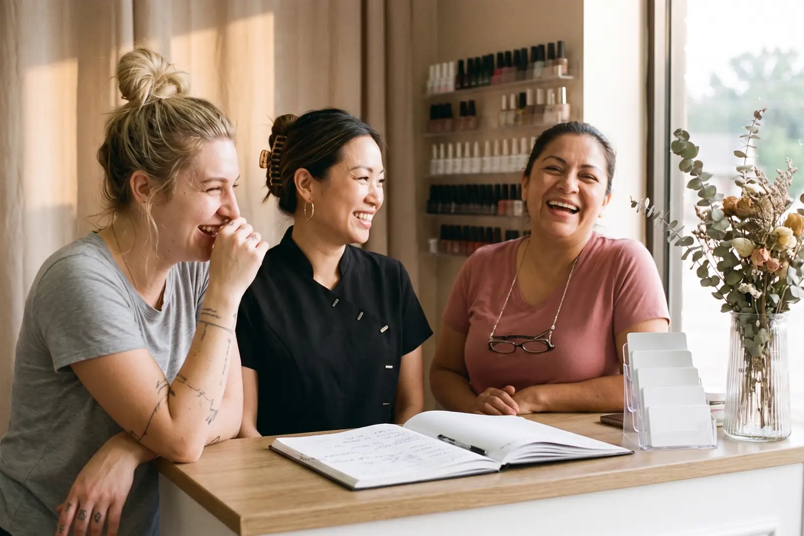 Mai, Jess and Carla at the studio’s front desk between appointments. Sample photo with invented people.