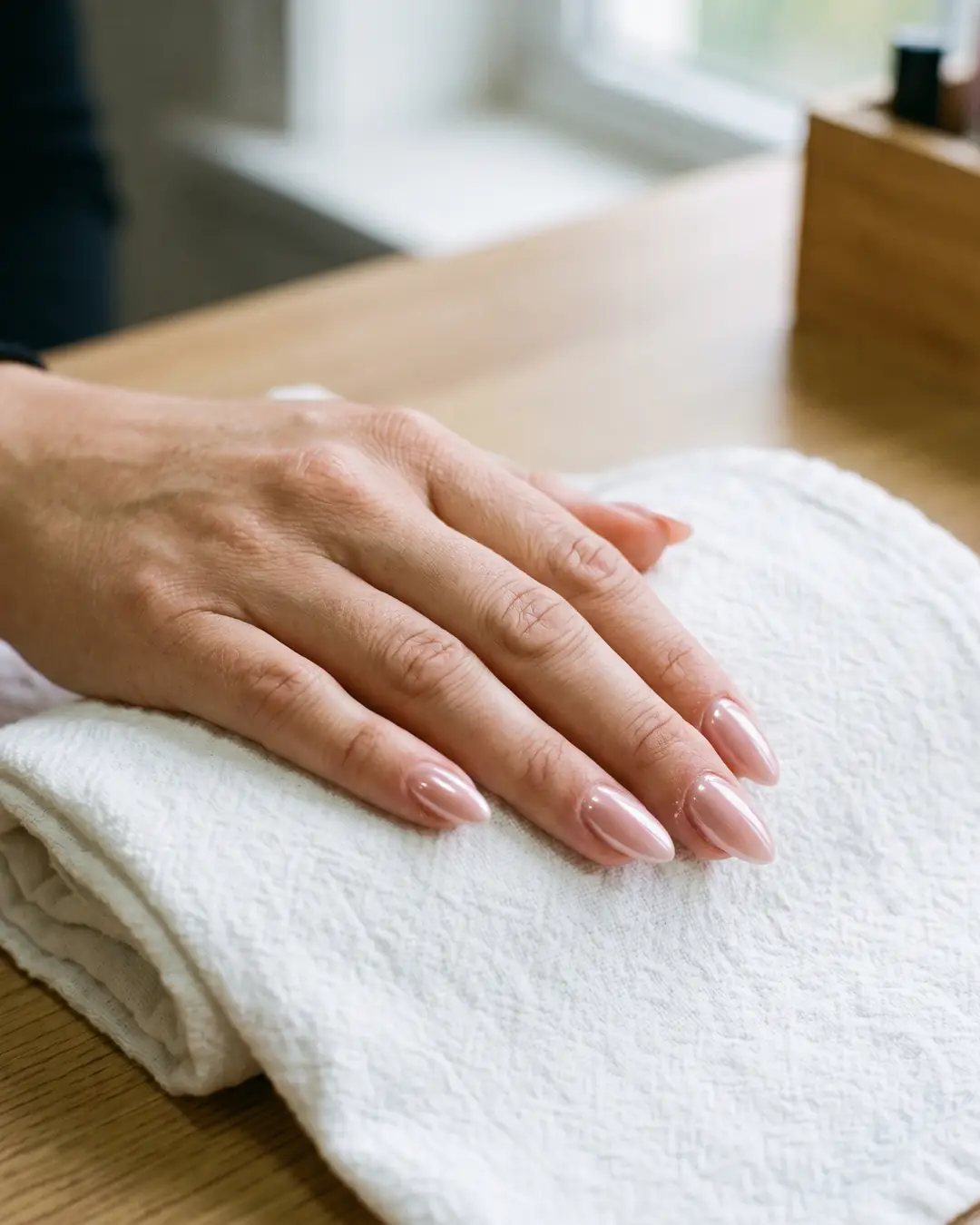 Close-up of a fresh almond-shaped gel manicure in a soft rose shade. Sample photo.