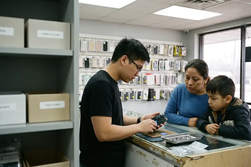 A repair tech replaces a cracked phone screen at the counter while a customer and her son watch. Sample photo with invented people.
