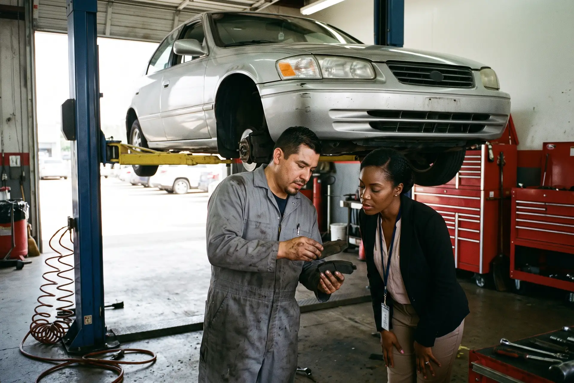 A mechanic shows a driver her worn brake pad under a lifted car in a two-bay Irving shop. Sample photo with invented people.