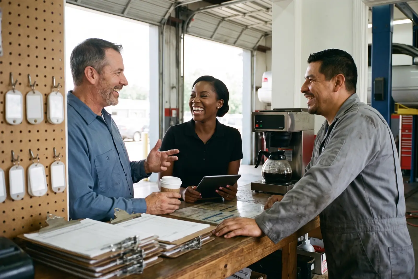 Ray, Dani and Héctor at the service counter with coffee and clipboards. Sample photo with invented people.