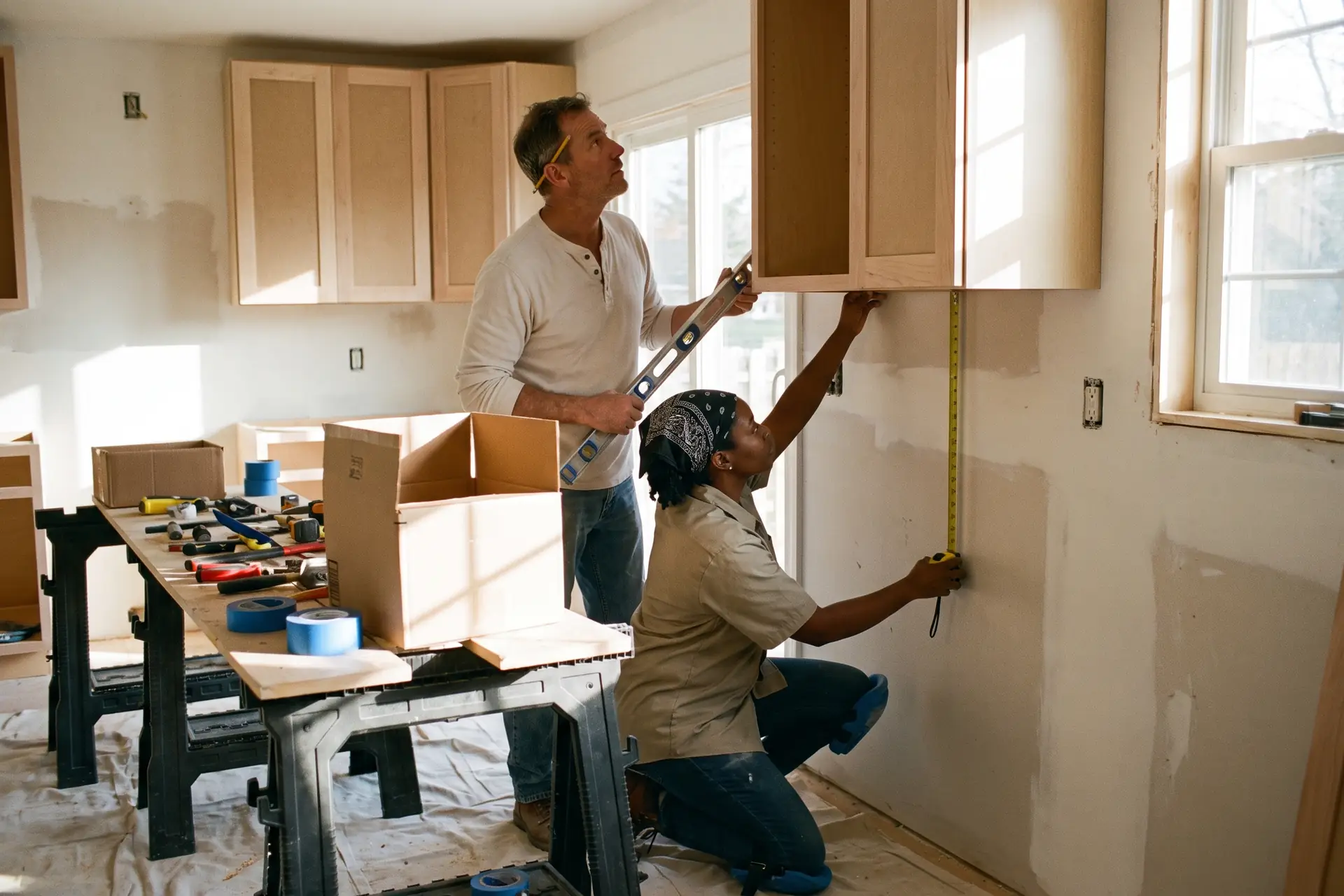 A carpenter and a tile setter install shaker cabinets in a kitchen in the middle of a remodel. Sample photo with invented people.