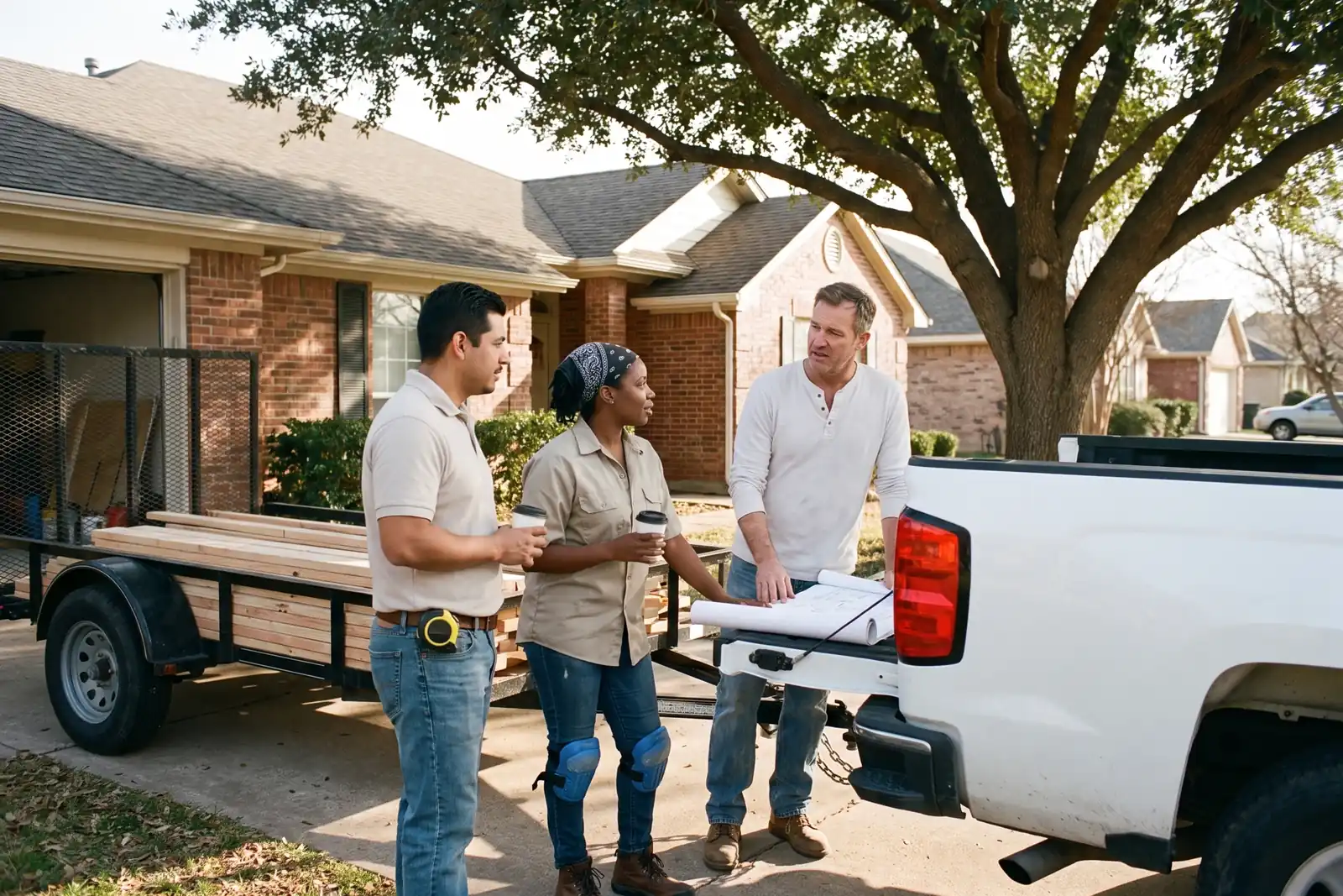 Andrew, Luis and Tasha beside a plain work truck and a trailer of lumber in a Fort Worth driveway. Sample photo with invented people.