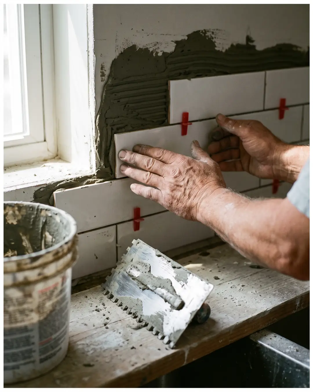 Close-up of hands setting a white subway tile with spacers on a fresh thinset wall. Sample photo.