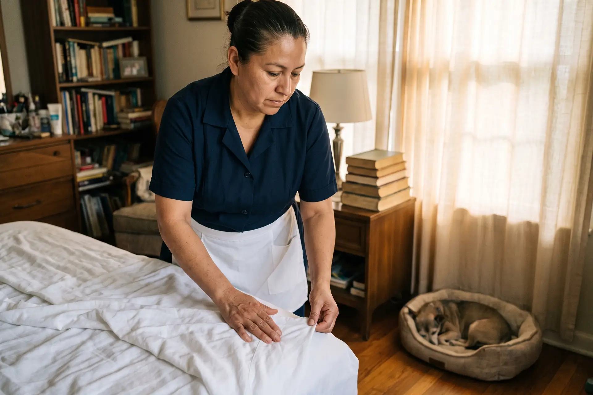 A housekeeper makes a bed with crisp white linen in a sunlit Dallas bedroom. Sample photo with invented people.