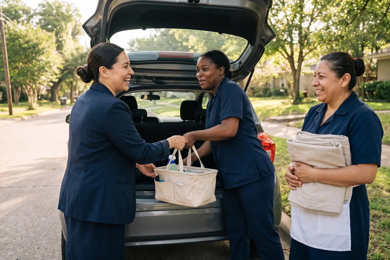 Adriana, Rosa and Keisha load a supply caddy into a small car in a Dallas driveway in the morning. Sample photo with invented people.