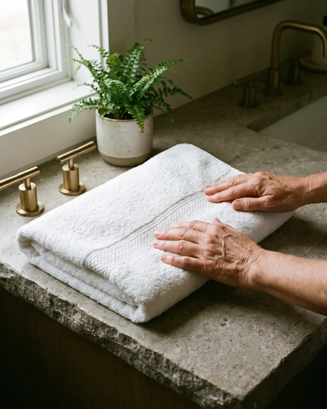 Hands folding a white towel into thirds on a bathroom counter beside brass fixtures. Sample photo.